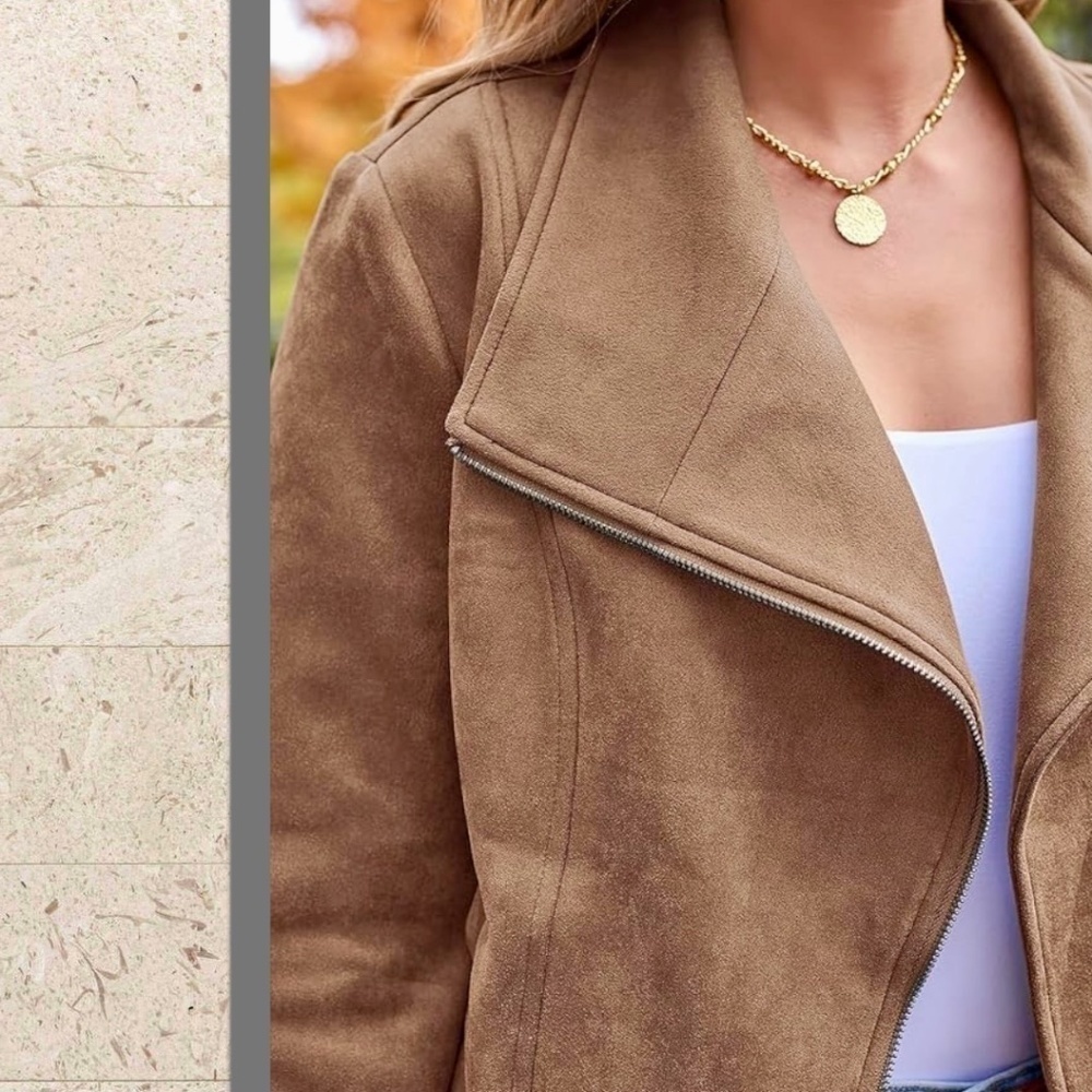 Moto-Style Soft Vegan Suede Lightweight Long Sleeve Jacket-Tan/LG/NWT - Picture 5 of 15